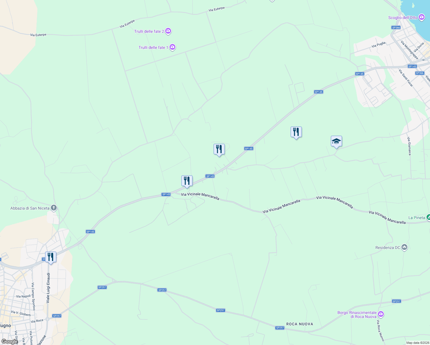 map of restaurants, bars, coffee shops, grocery stores, and more near 6 SP145 in Provincia di Lecce
