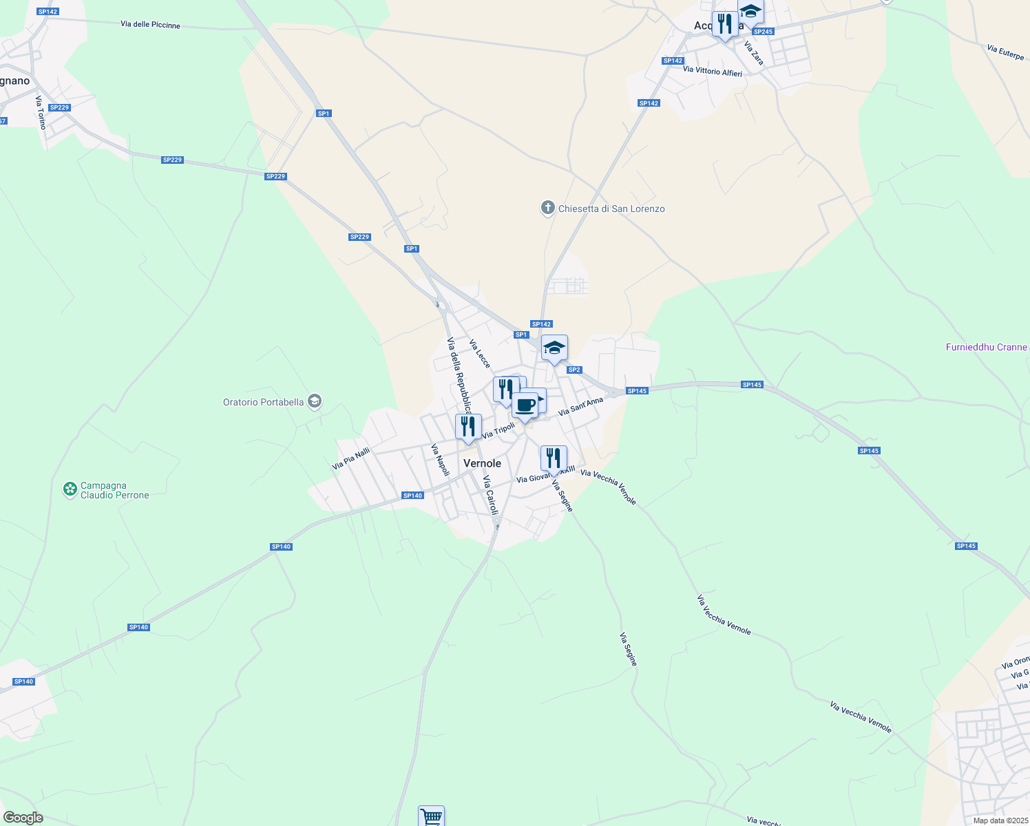 map of restaurants, bars, coffee shops, grocery stores, and more near 2 Piazza Vittorio Veneto in Vernole