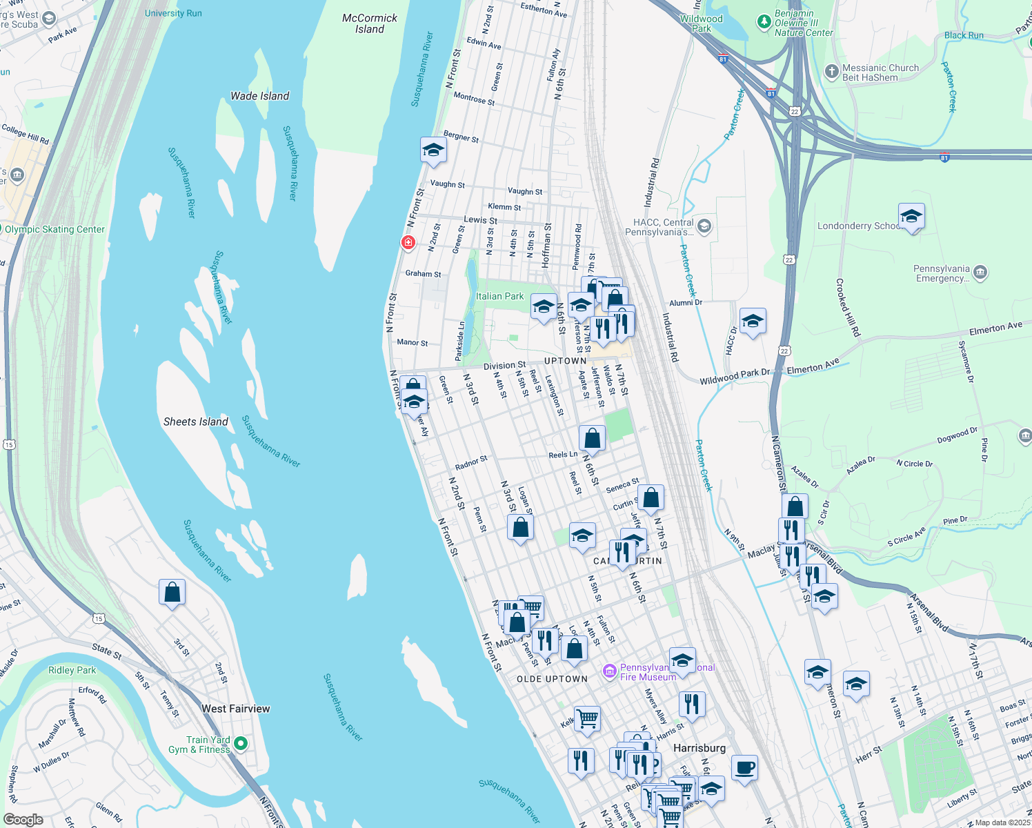 map of restaurants, bars, coffee shops, grocery stores, and more near 407 Wiconisco Street in Harrisburg