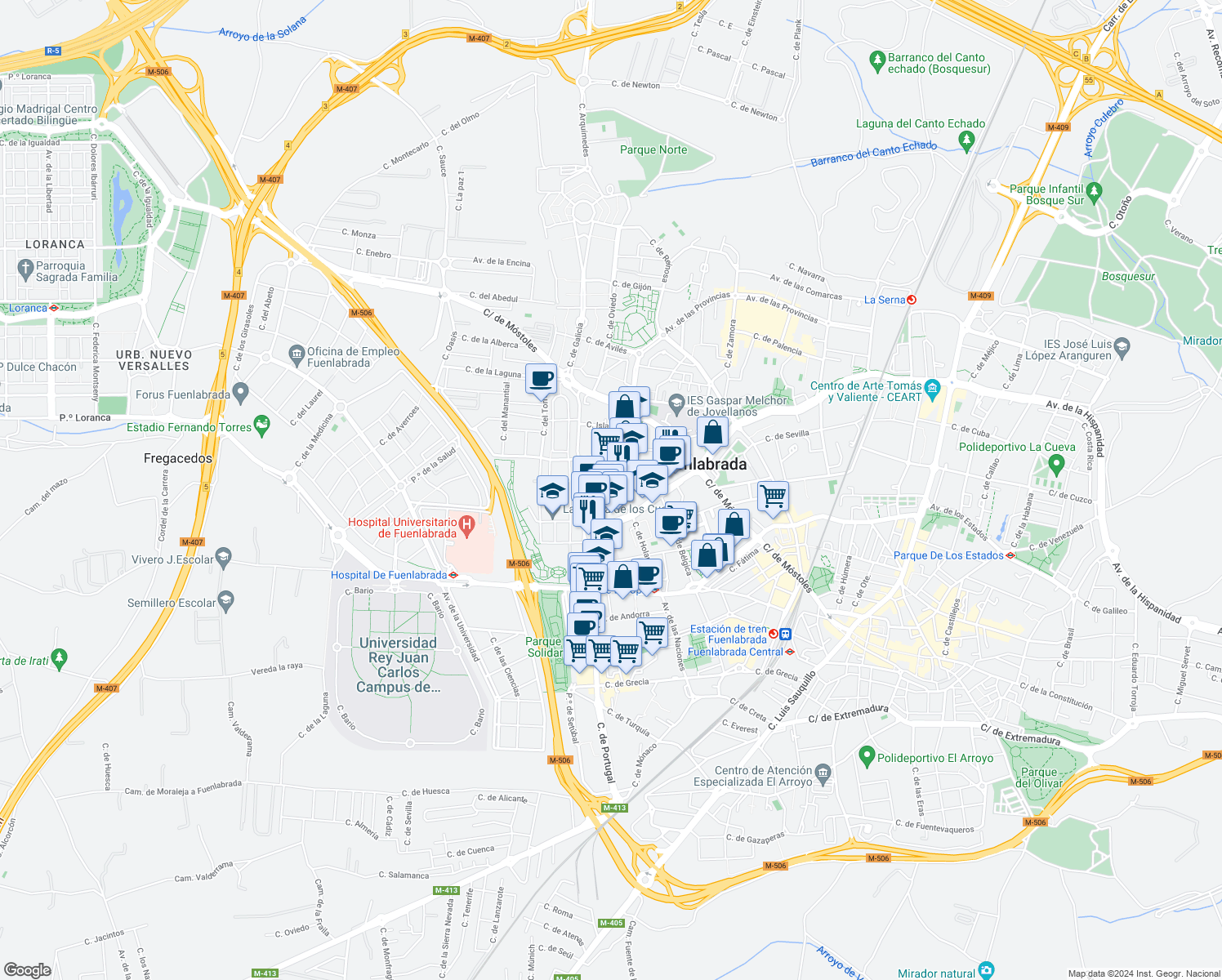 map of restaurants, bars, coffee shops, grocery stores, and more near 10 Calle de Escocia in Fuenlabrada