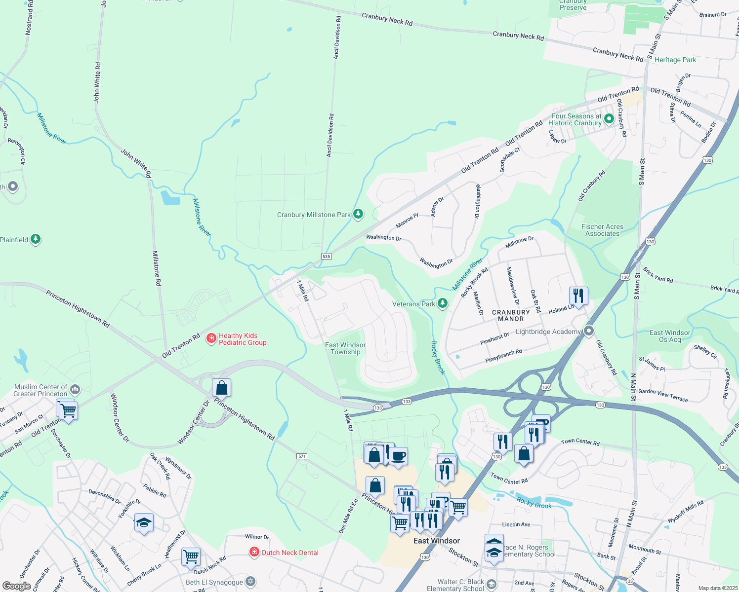 map of restaurants, bars, coffee shops, grocery stores, and more near 19 Galileo Drive in East Windsor