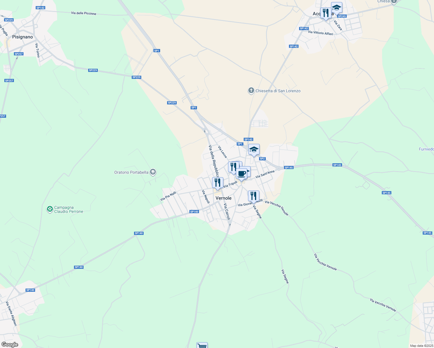 map of restaurants, bars, coffee shops, grocery stores, and more near 30 Via della Repubblica in Vernole