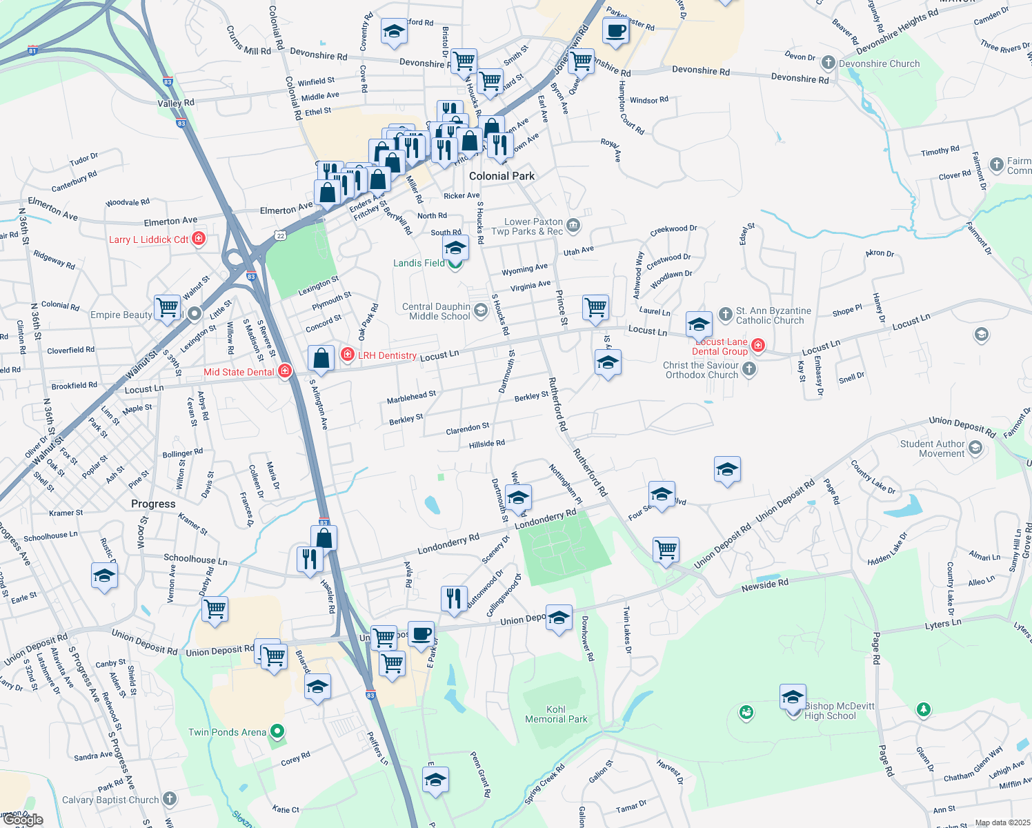 map of restaurants, bars, coffee shops, grocery stores, and more near 4710 Clarendon Street in Harrisburg
