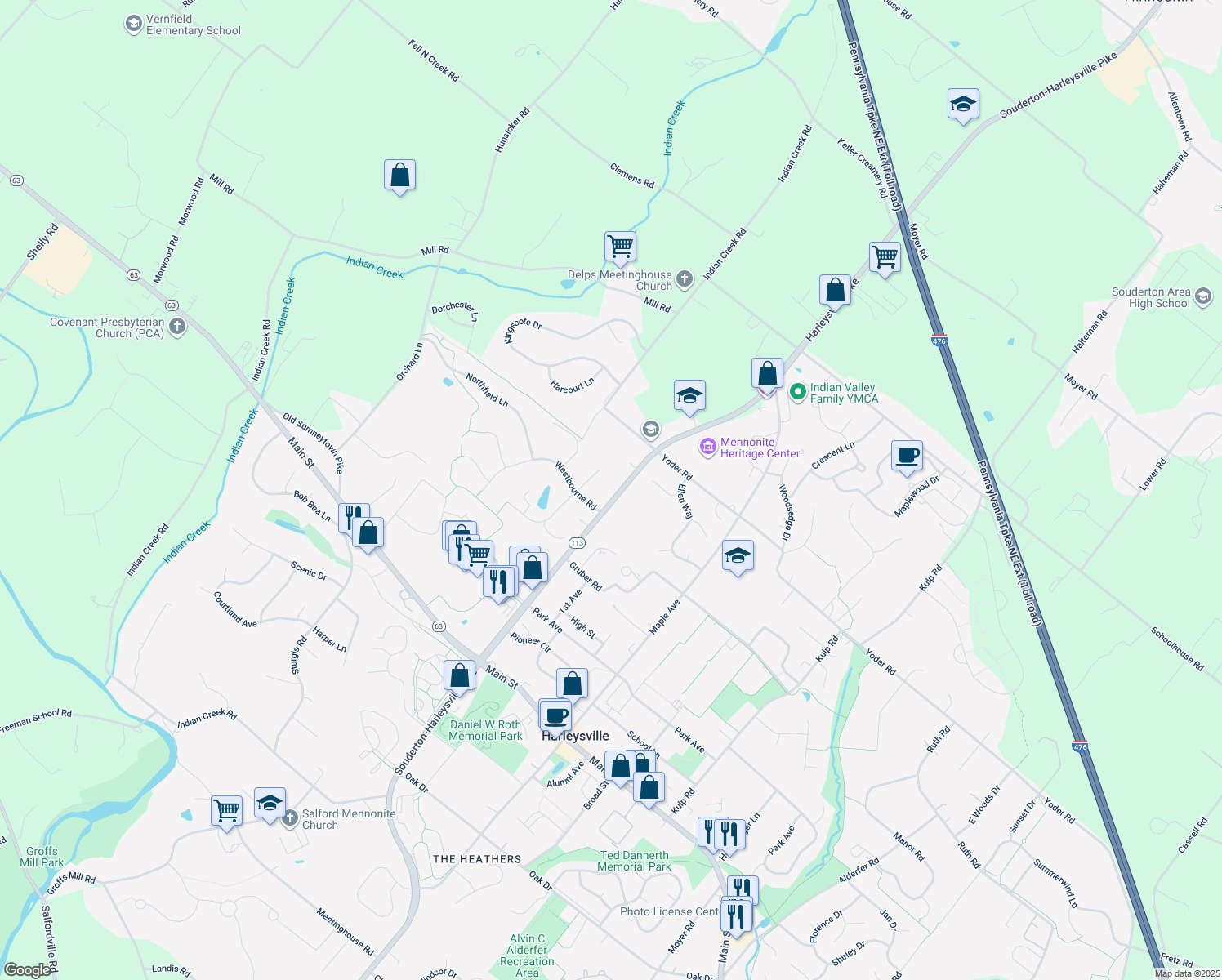 map of restaurants, bars, coffee shops, grocery stores, and more near 137 Harleysville Pike in Harleysville
