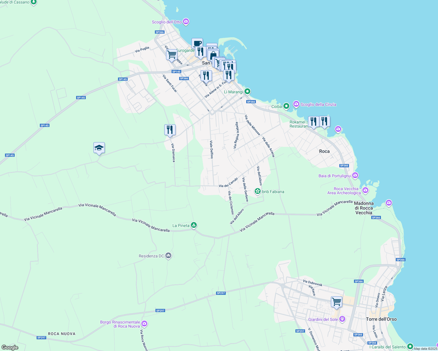 map of restaurants, bars, coffee shops, grocery stores, and more near 63 Viale Delfino in San Foca
