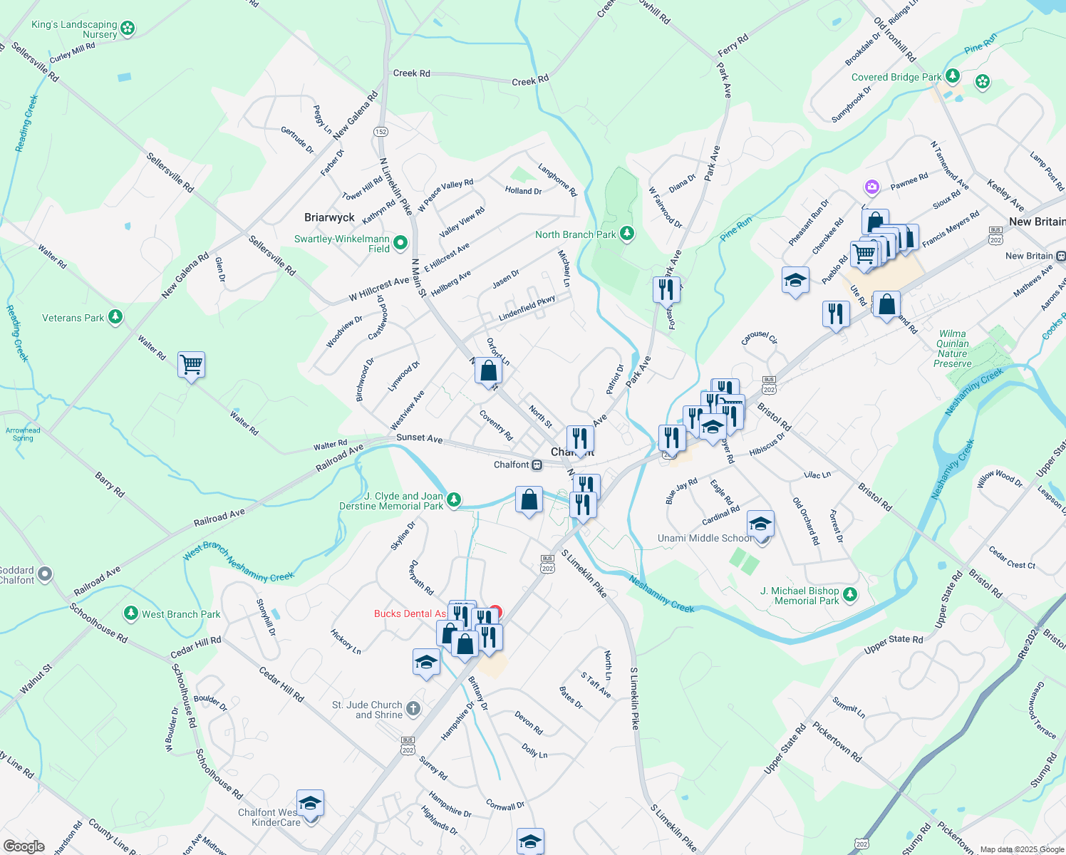 map of restaurants, bars, coffee shops, grocery stores, and more near 170 North Main Street in Chalfont