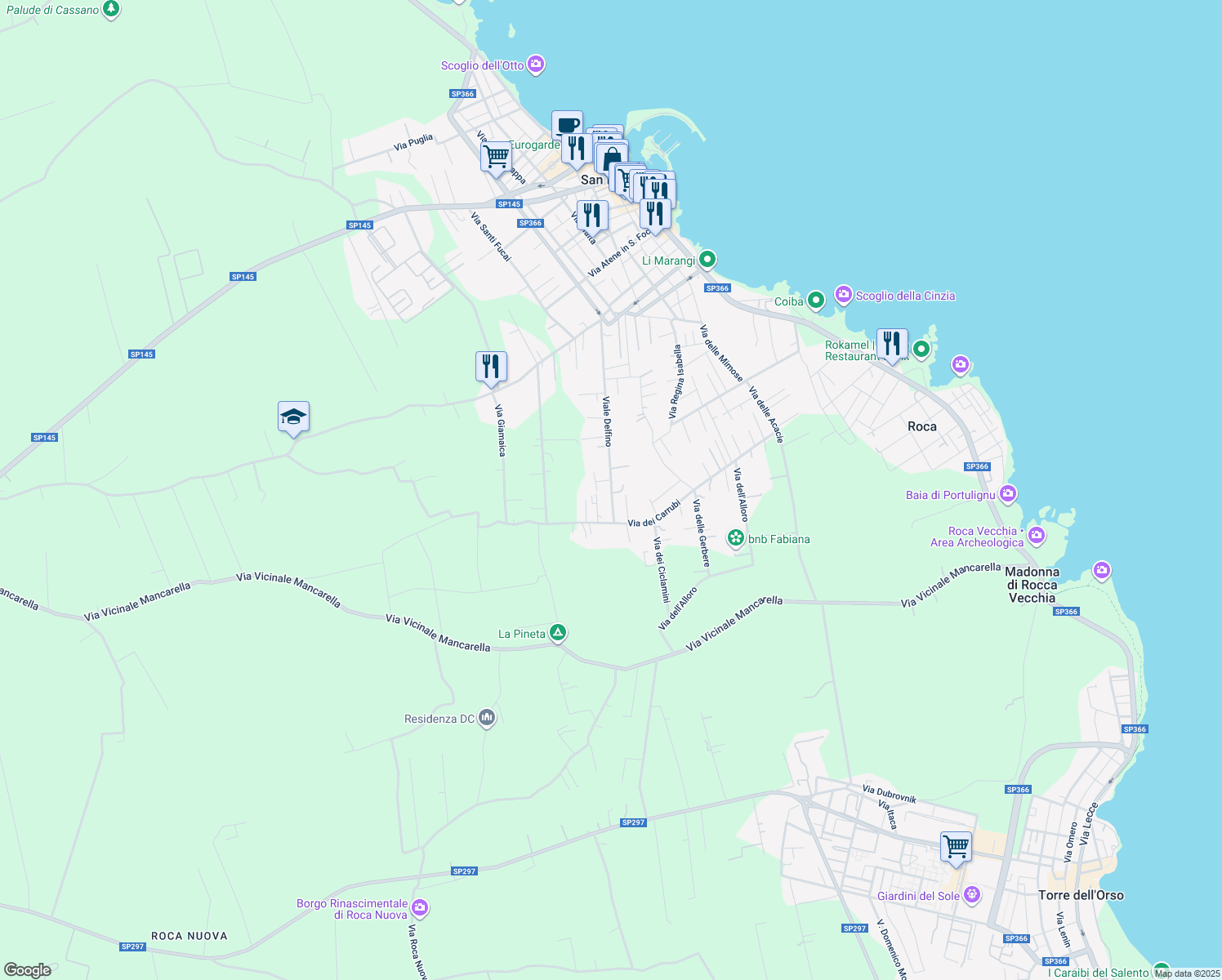 map of restaurants, bars, coffee shops, grocery stores, and more near 63 Viale Delfino in San Foca