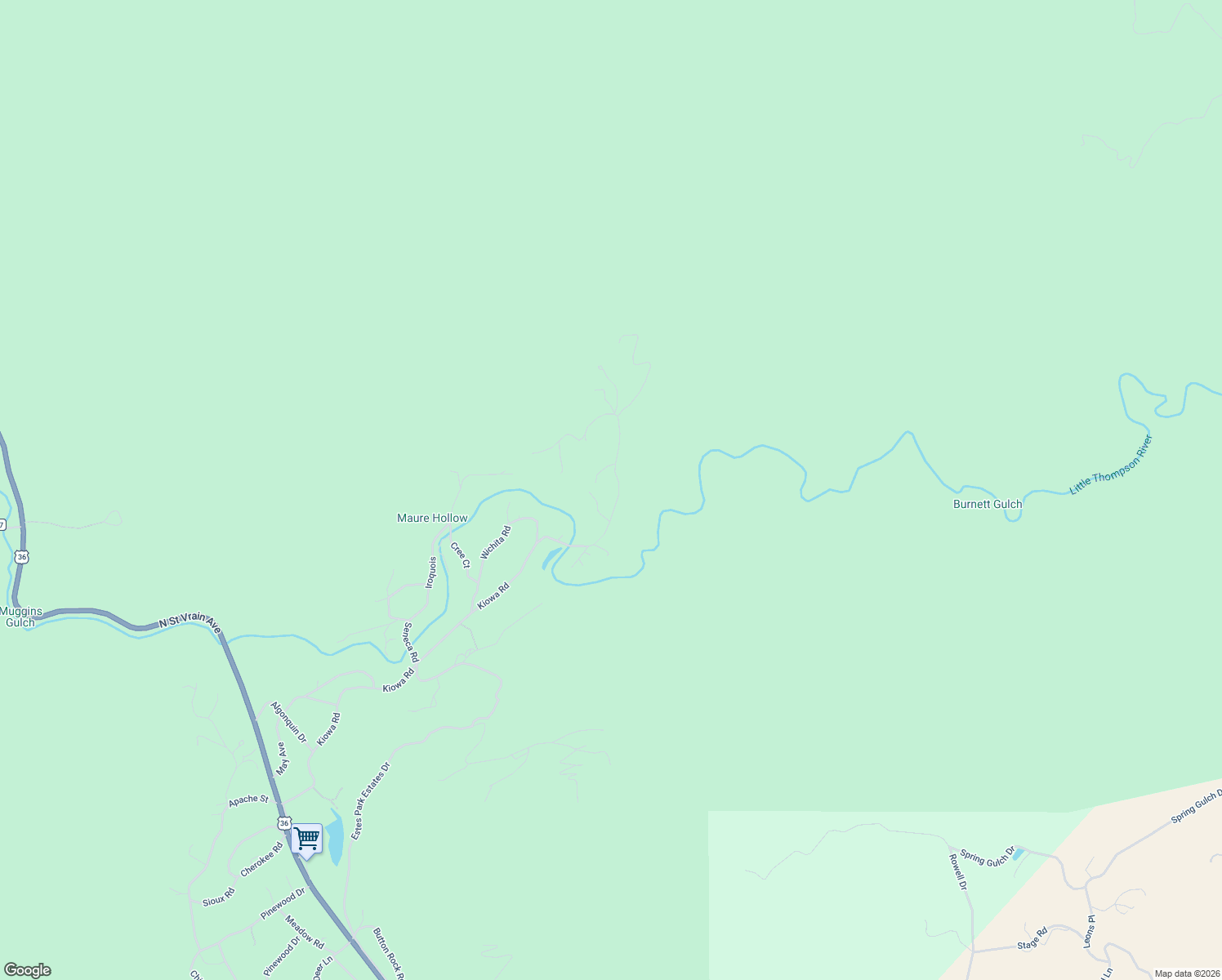 map of restaurants, bars, coffee shops, grocery stores, and more near 1545 Kiowa Road in Lyons