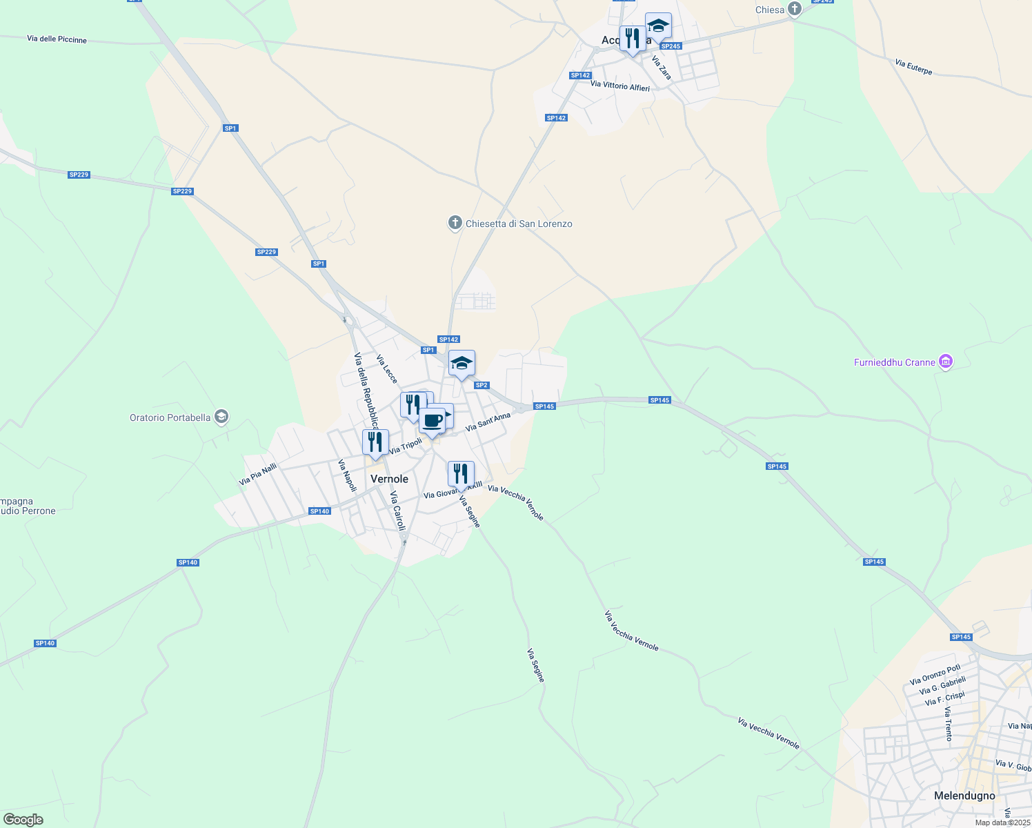 map of restaurants, bars, coffee shops, grocery stores, and more near 90 Via Sant'Anna in Vernole