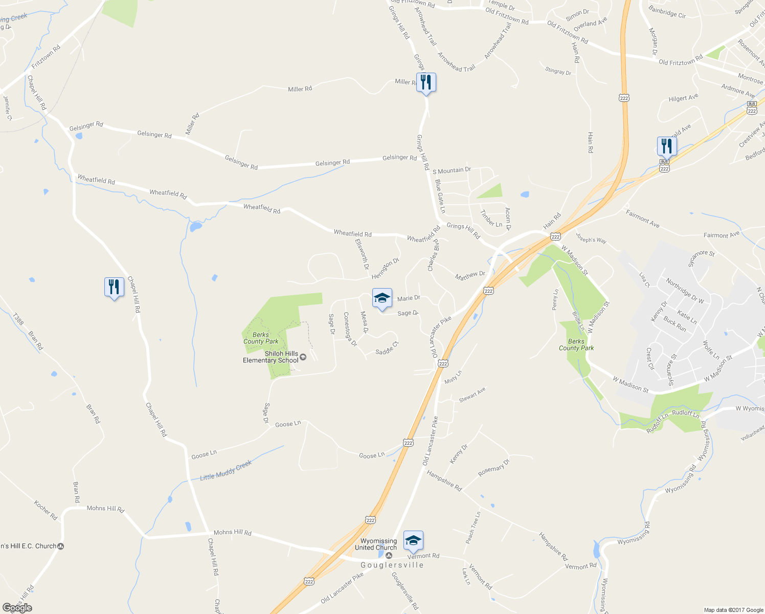 map of restaurants, bars, coffee shops, grocery stores, and more near 10 Marie Drive in Sinking Spring