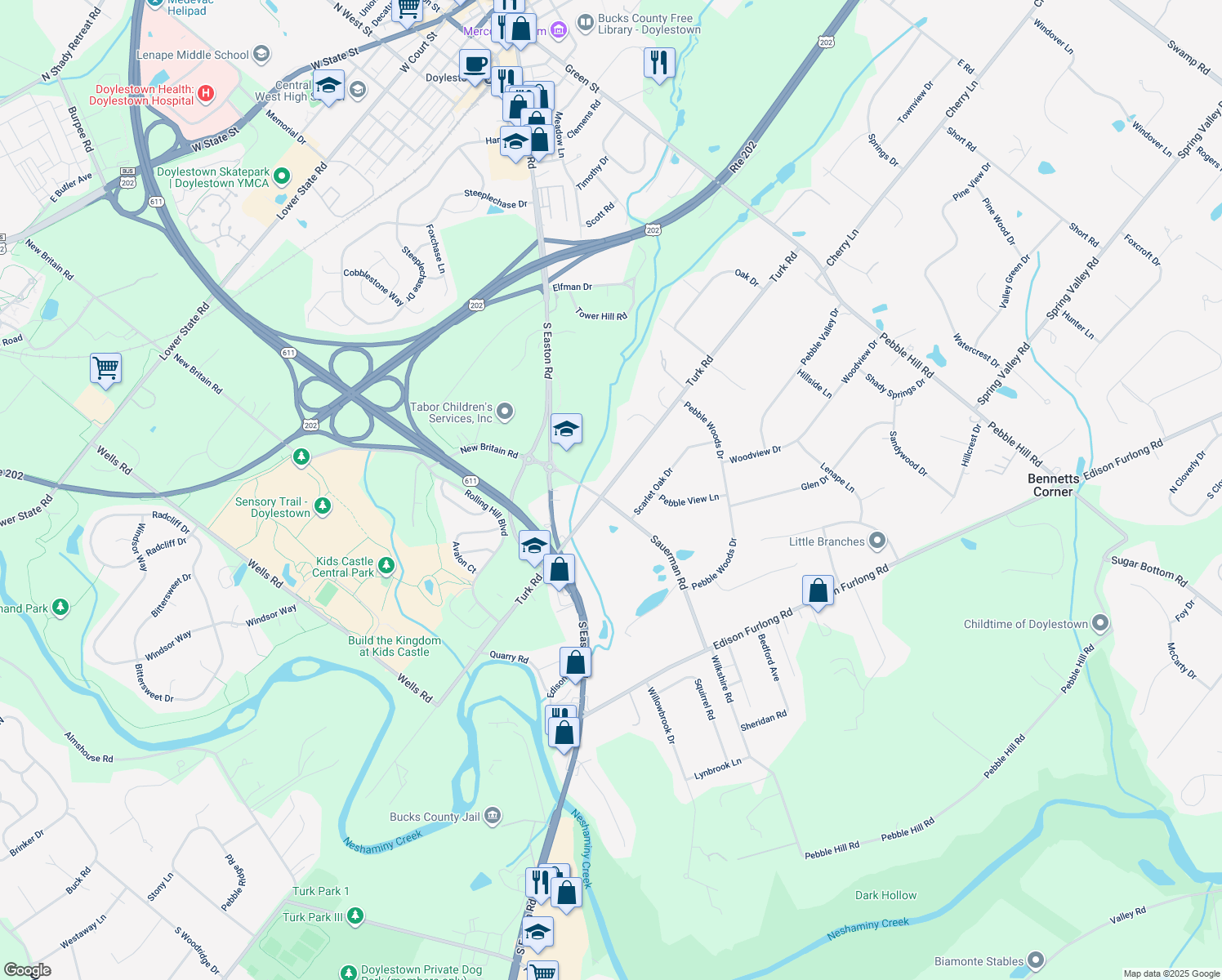 map of restaurants, bars, coffee shops, grocery stores, and more near 2111 Turk Road in Doylestown
