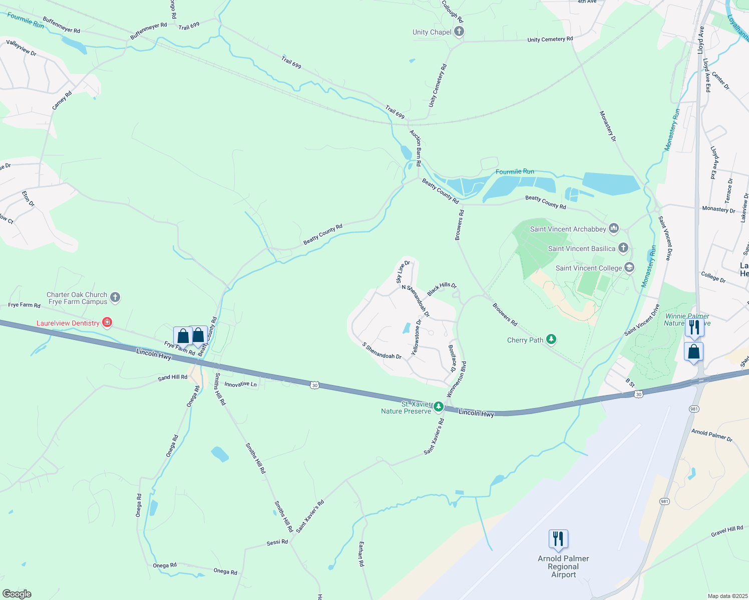 map of restaurants, bars, coffee shops, grocery stores, and more near 371 South Shenandoah Drive in Latrobe