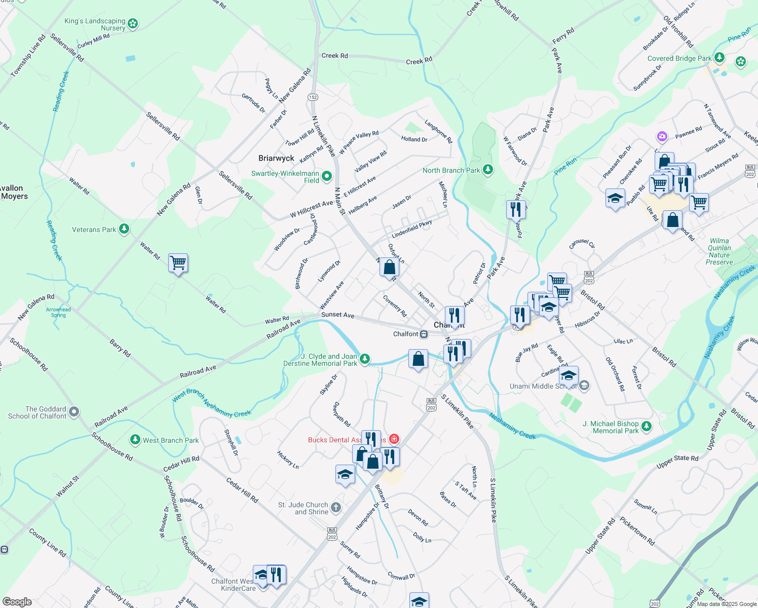 map of restaurants, bars, coffee shops, grocery stores, and more near 246 Honey Hollow Lane in Chalfont