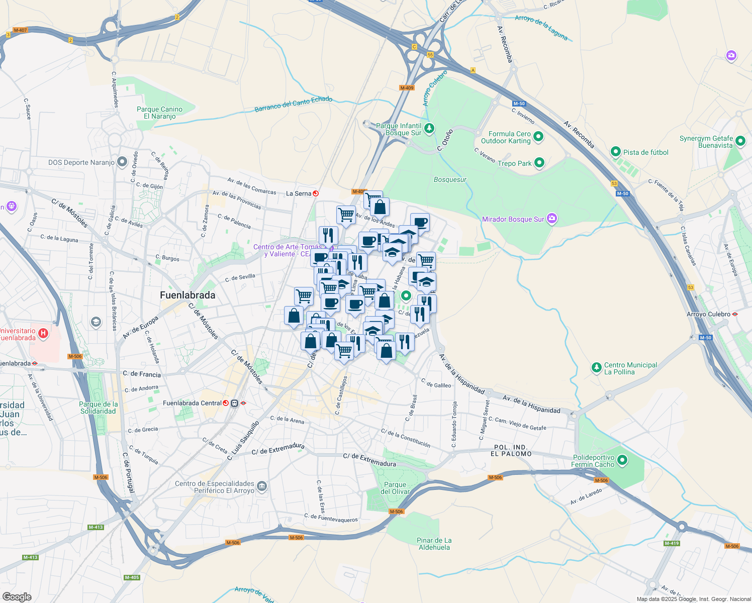 map of restaurants, bars, coffee shops, grocery stores, and more near 17 Calle de Cuzco in Fuenlabrada