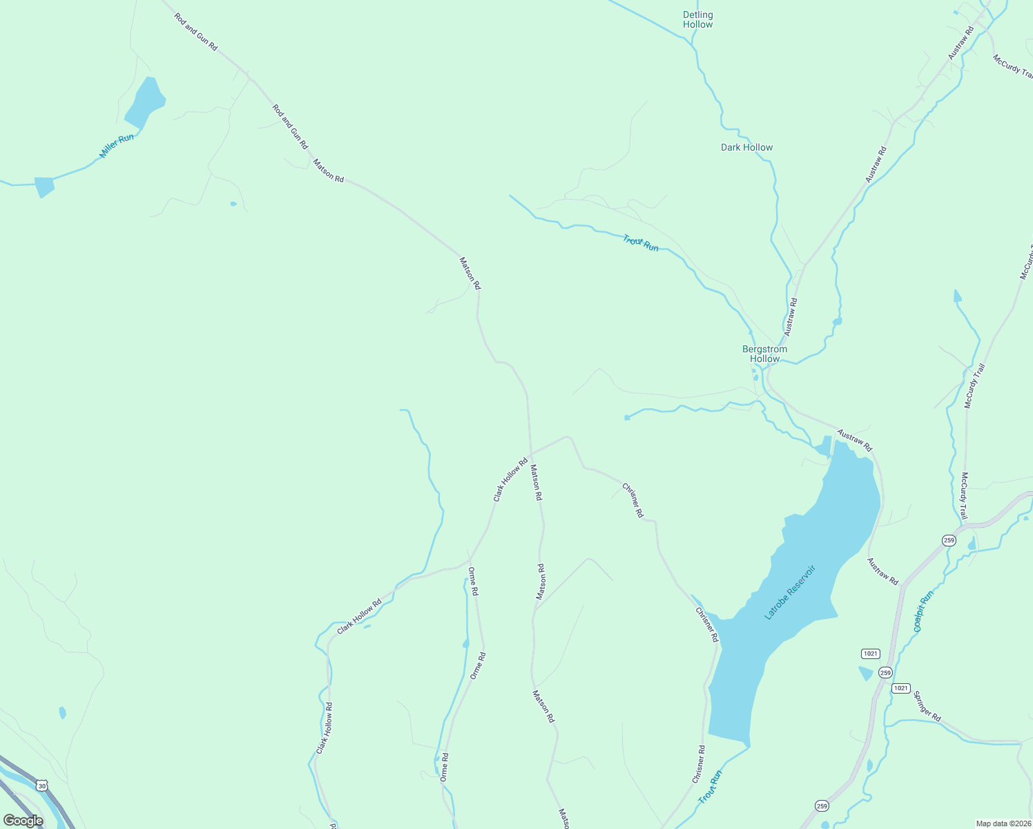 map of restaurants, bars, coffee shops, grocery stores, and more near 426 Matson Road in Ligonier