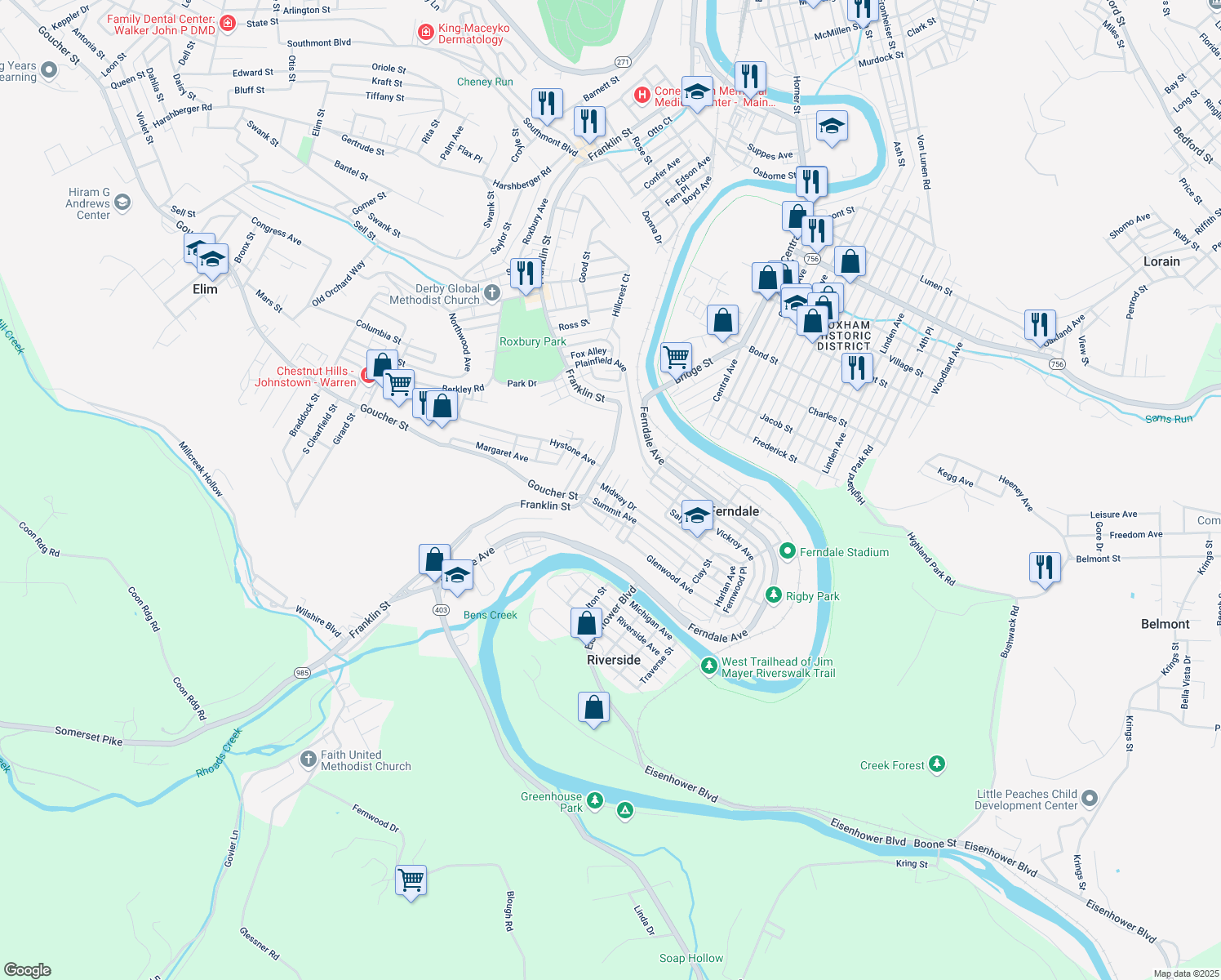 map of restaurants, bars, coffee shops, grocery stores, and more near 799 Balsam Alley in Johnstown
