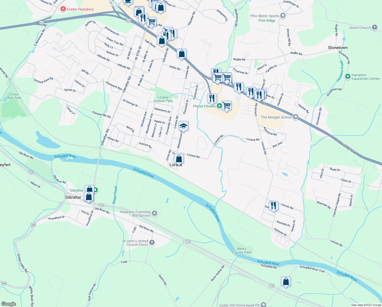 map of restaurants, bars, coffee shops, grocery stores, and more near 5309 Lorane Road in Reading