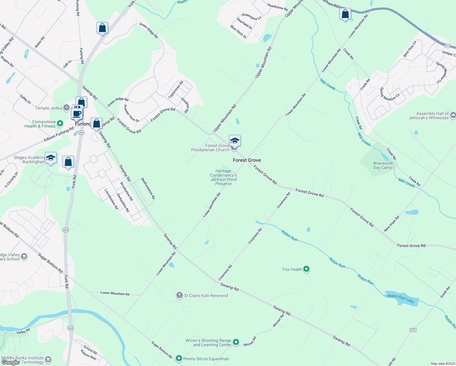 map of restaurants, bars, coffee shops, grocery stores, and more near 3659 Lower Mountain Road in Furlong