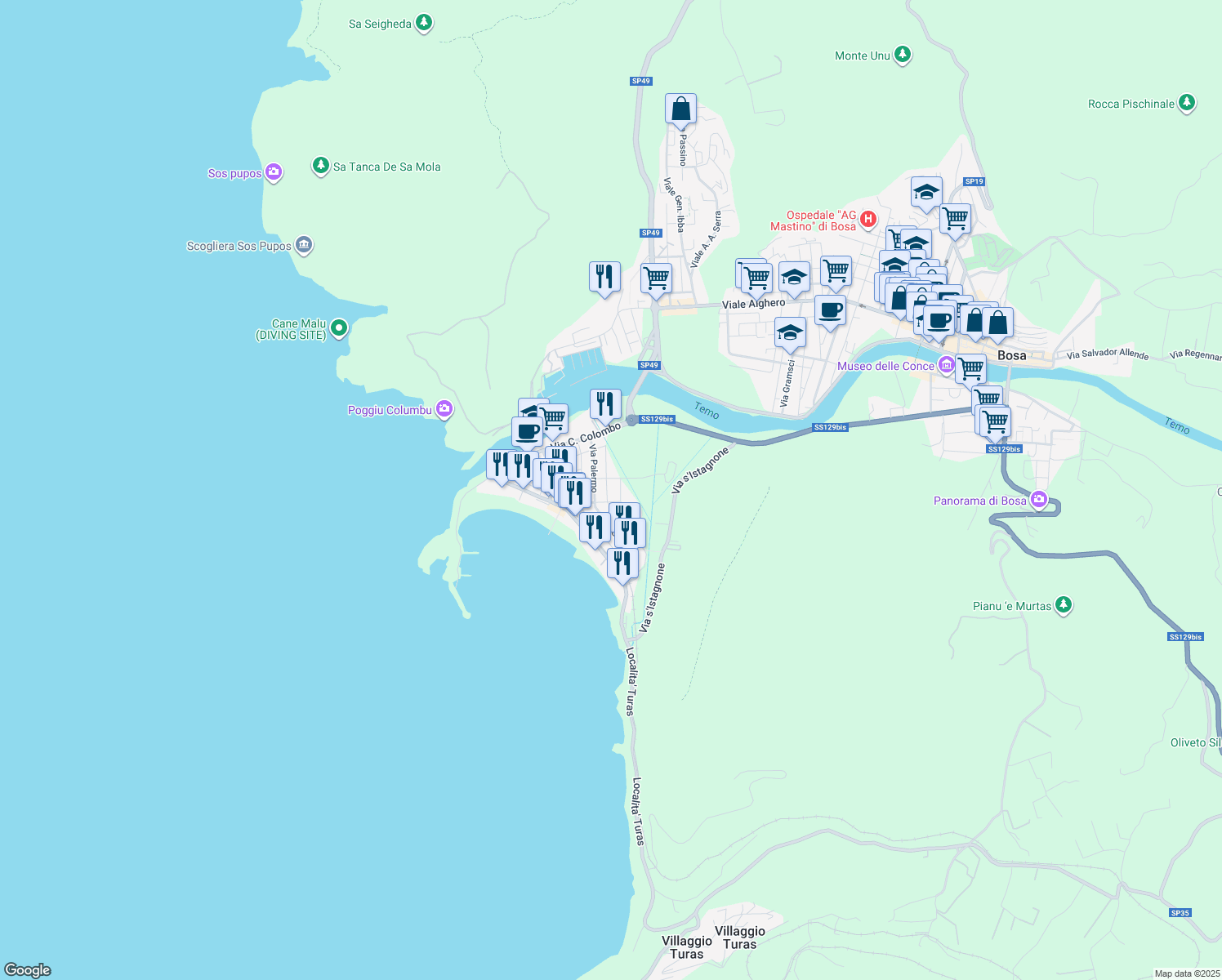 map of restaurants, bars, coffee shops, grocery stores, and more near 6 Via P. Nenni in Bosa