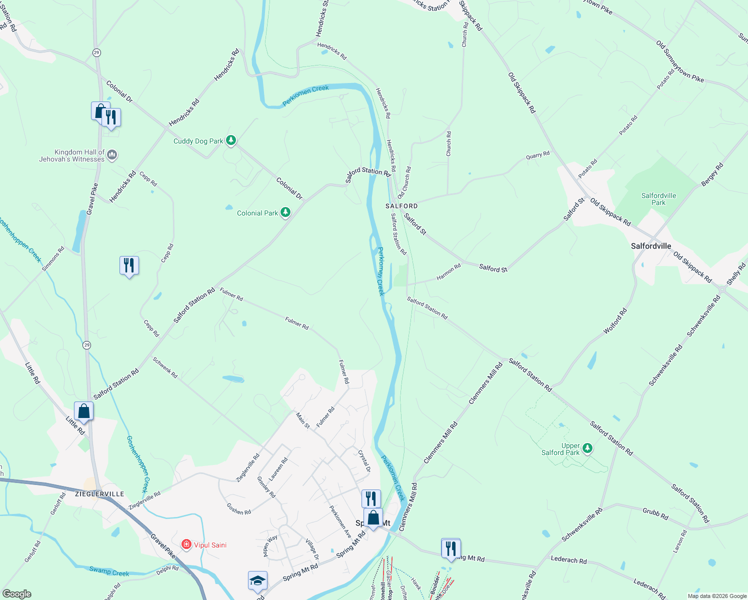 map of restaurants, bars, coffee shops, grocery stores, and more near 133 Bavington Road in Perkiomenville