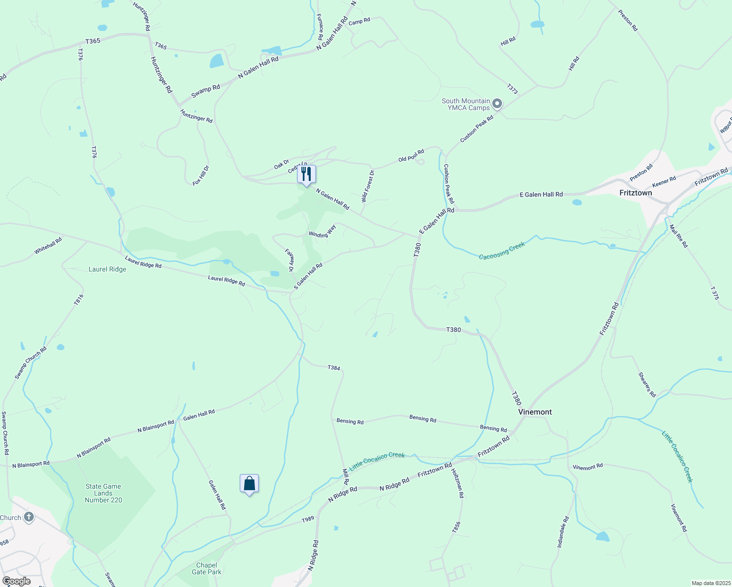 map of restaurants, bars, coffee shops, grocery stores, and more near 21 James Road in Reinholds