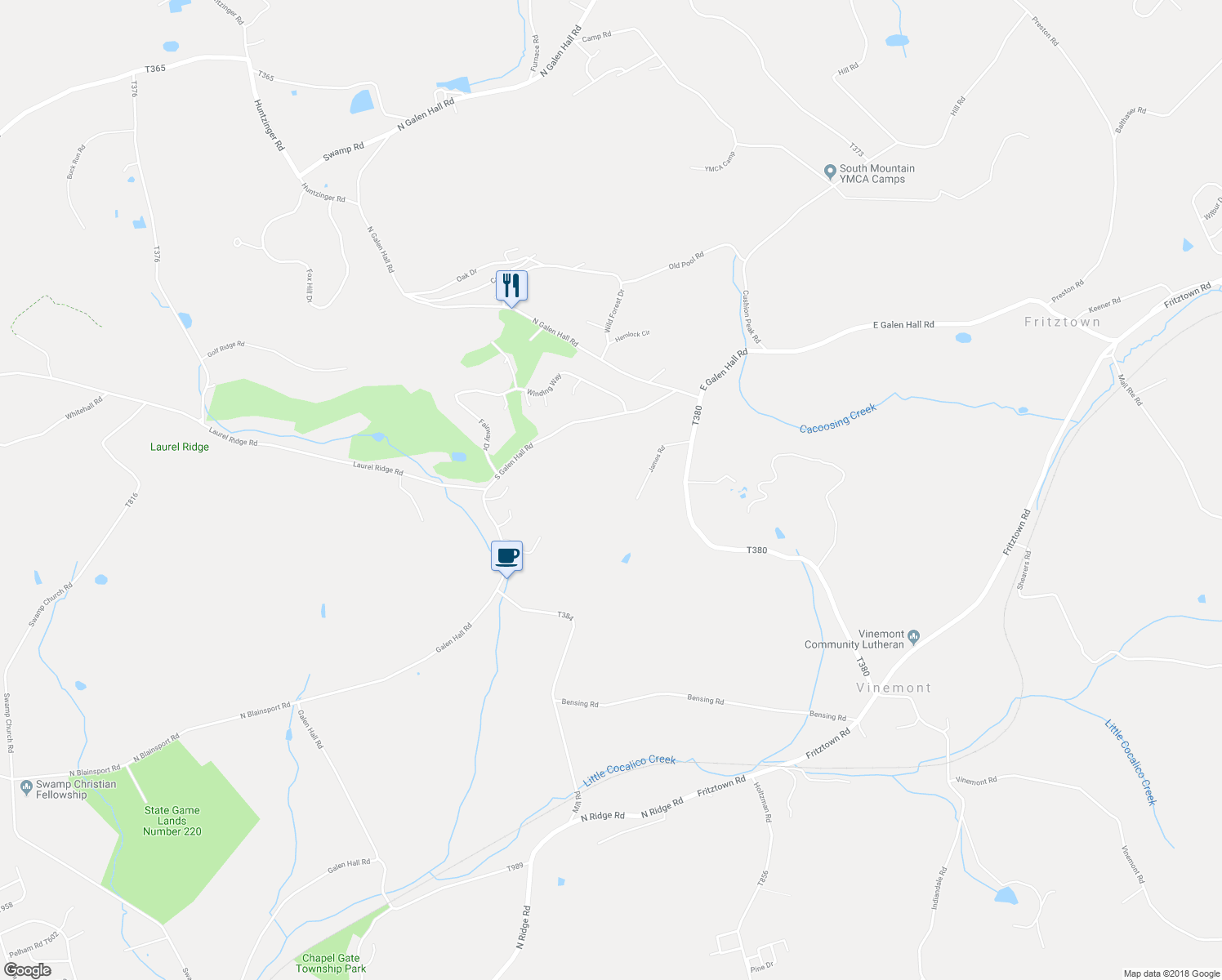 map of restaurants, bars, coffee shops, grocery stores, and more near 21 James Road in Reinholds