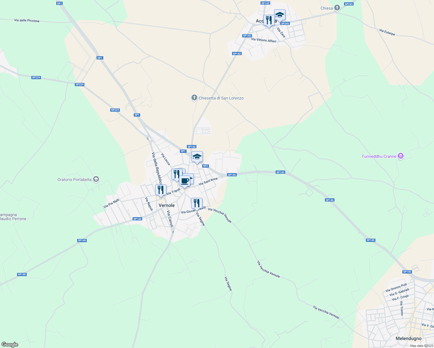 map of restaurants, bars, coffee shops, grocery stores, and more near 90 Via Sant'Anna in Vernole