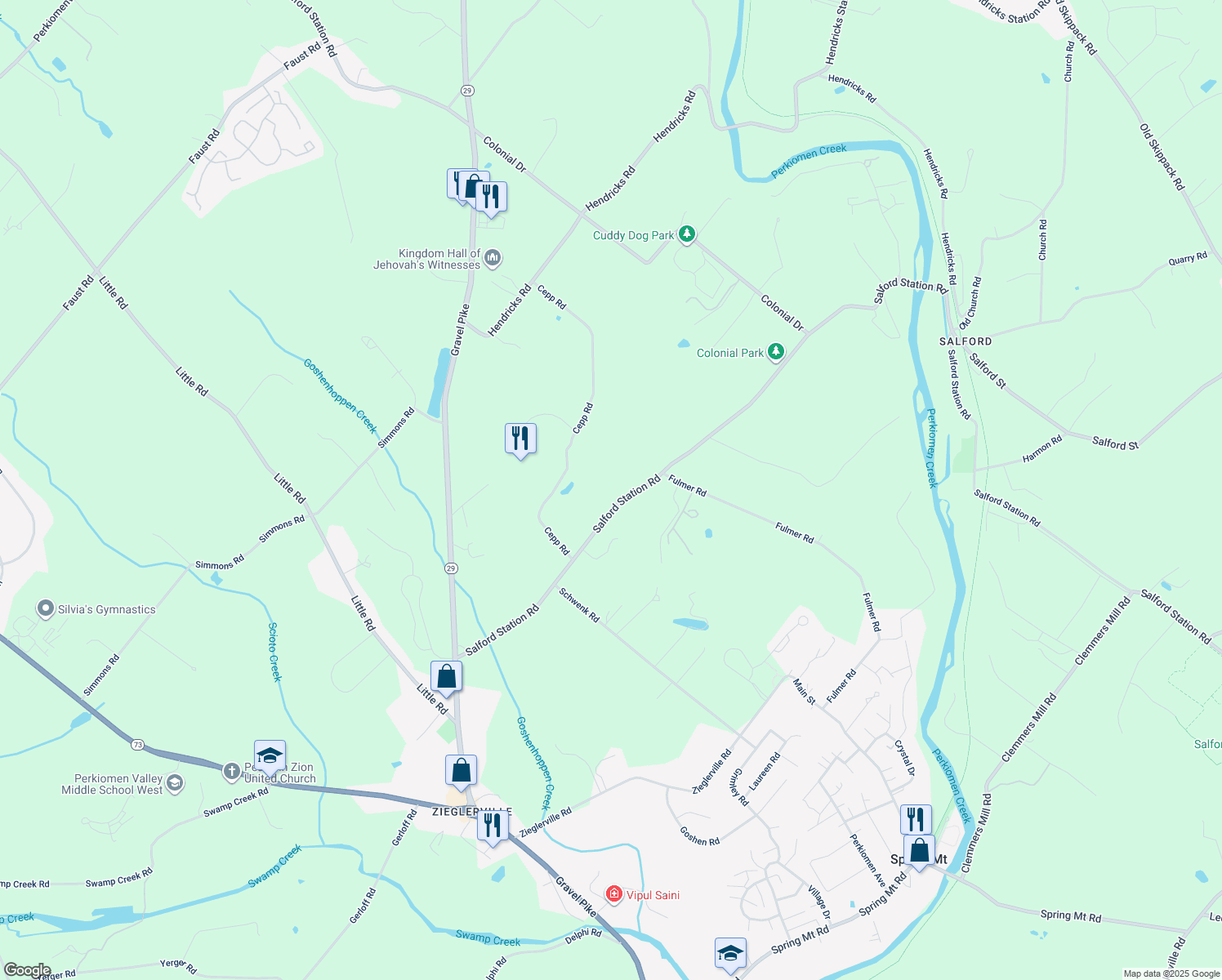 map of restaurants, bars, coffee shops, grocery stores, and more near 214 Salford Station Road in Perkiomenville