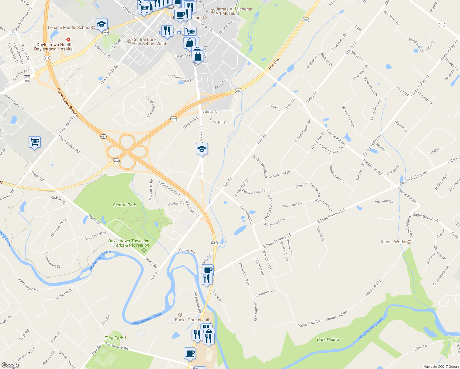 map of restaurants, bars, coffee shops, grocery stores, and more near 2127 Turk Road in Doylestown