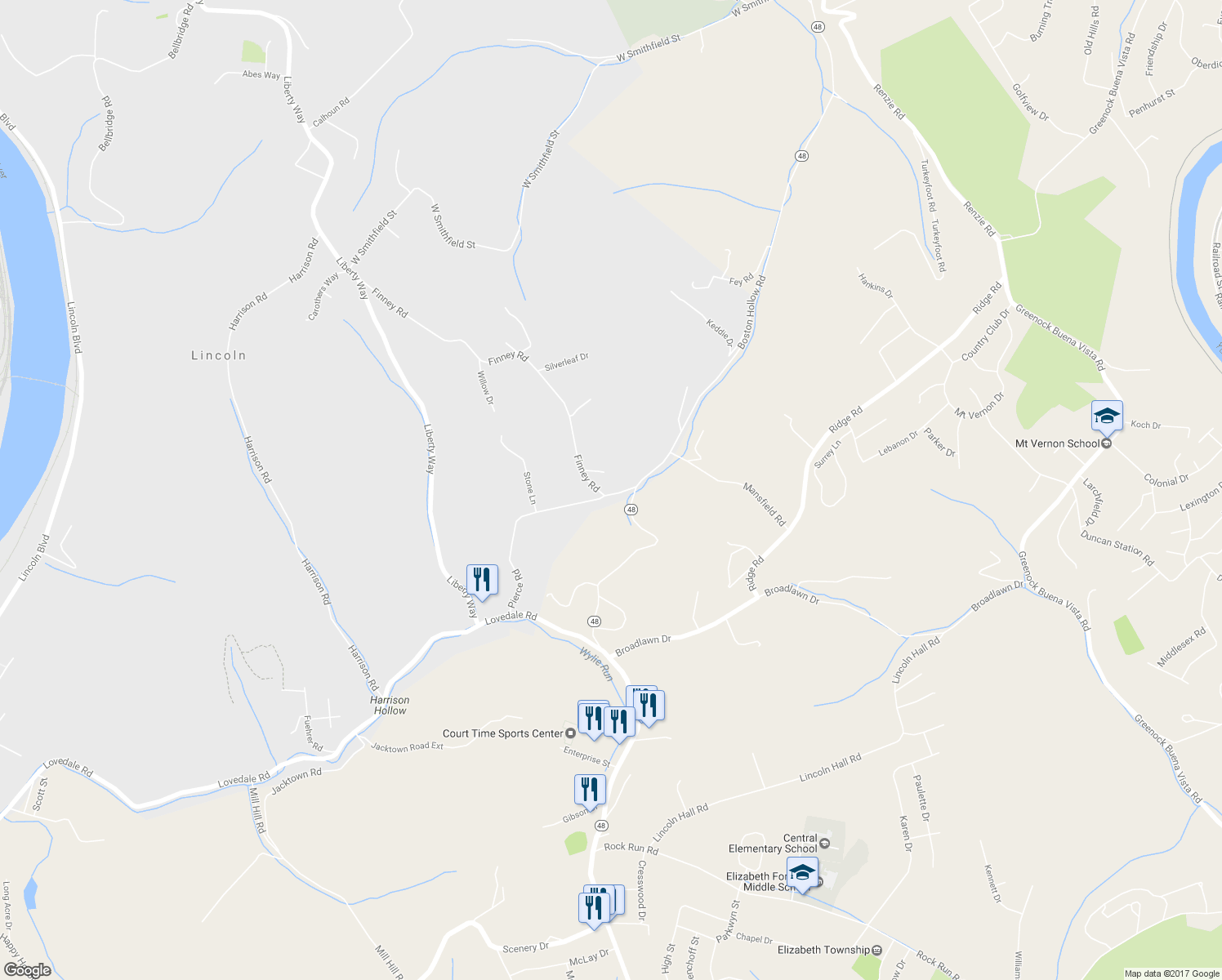 map of restaurants, bars, coffee shops, grocery stores, and more near 239 Finney Road in Elizabeth