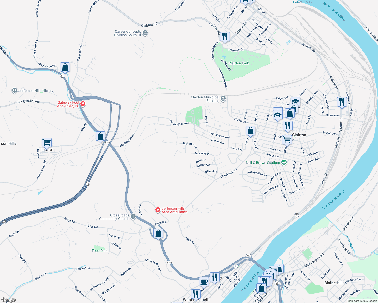 map of restaurants, bars, coffee shops, grocery stores, and more near 1233 McKinley Drive in Clairton