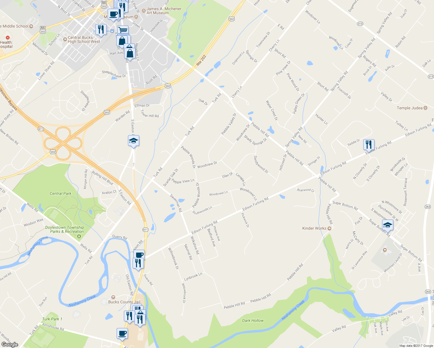 map of restaurants, bars, coffee shops, grocery stores, and more near 126 Glen Drive in Doylestown