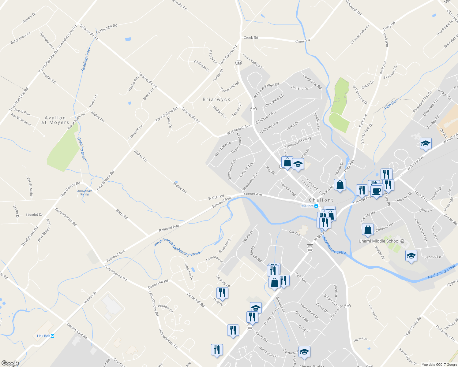 map of restaurants, bars, coffee shops, grocery stores, and more near 131 Birchwood Drive in Chalfont