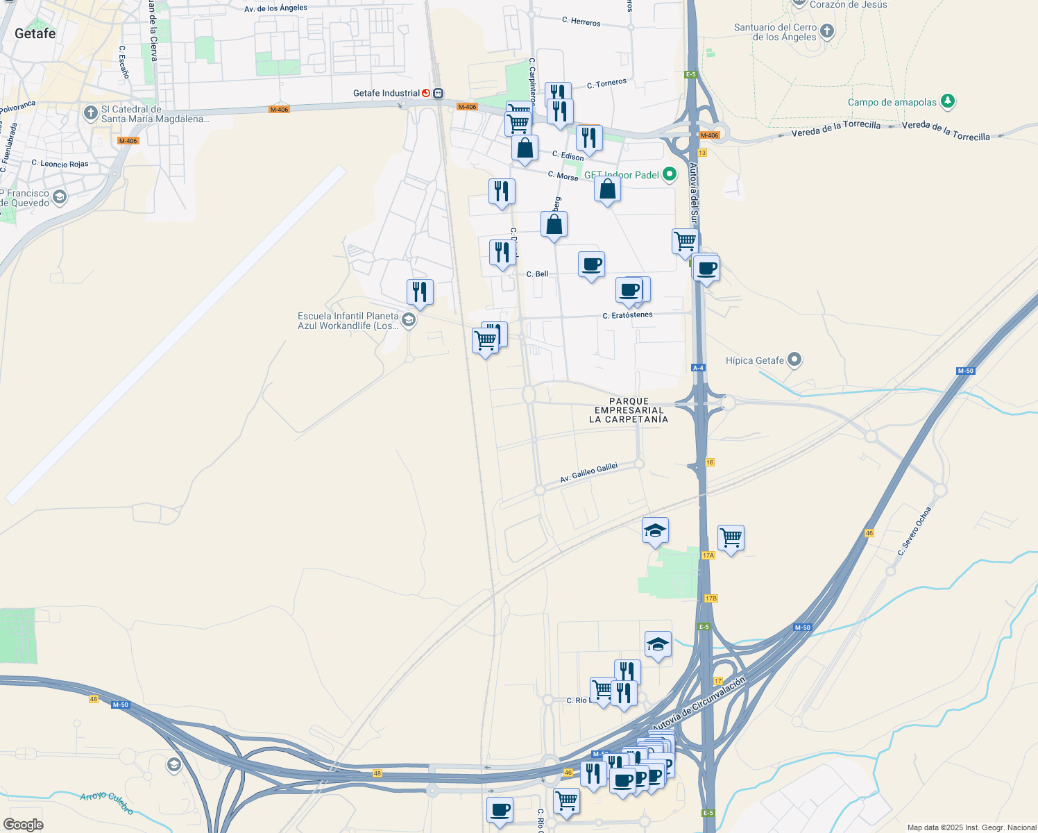 map of restaurants, bars, coffee shops, grocery stores, and more near 18 Calle Miguel Faraday in Getafe