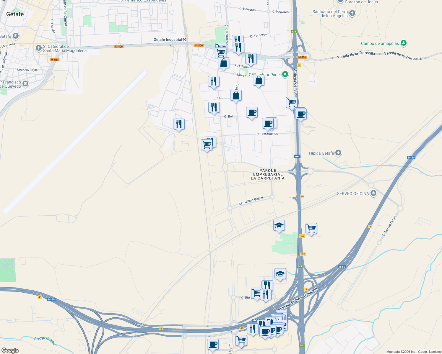 map of restaurants, bars, coffee shops, grocery stores, and more near 18 Calle Miguel Faraday in Getafe