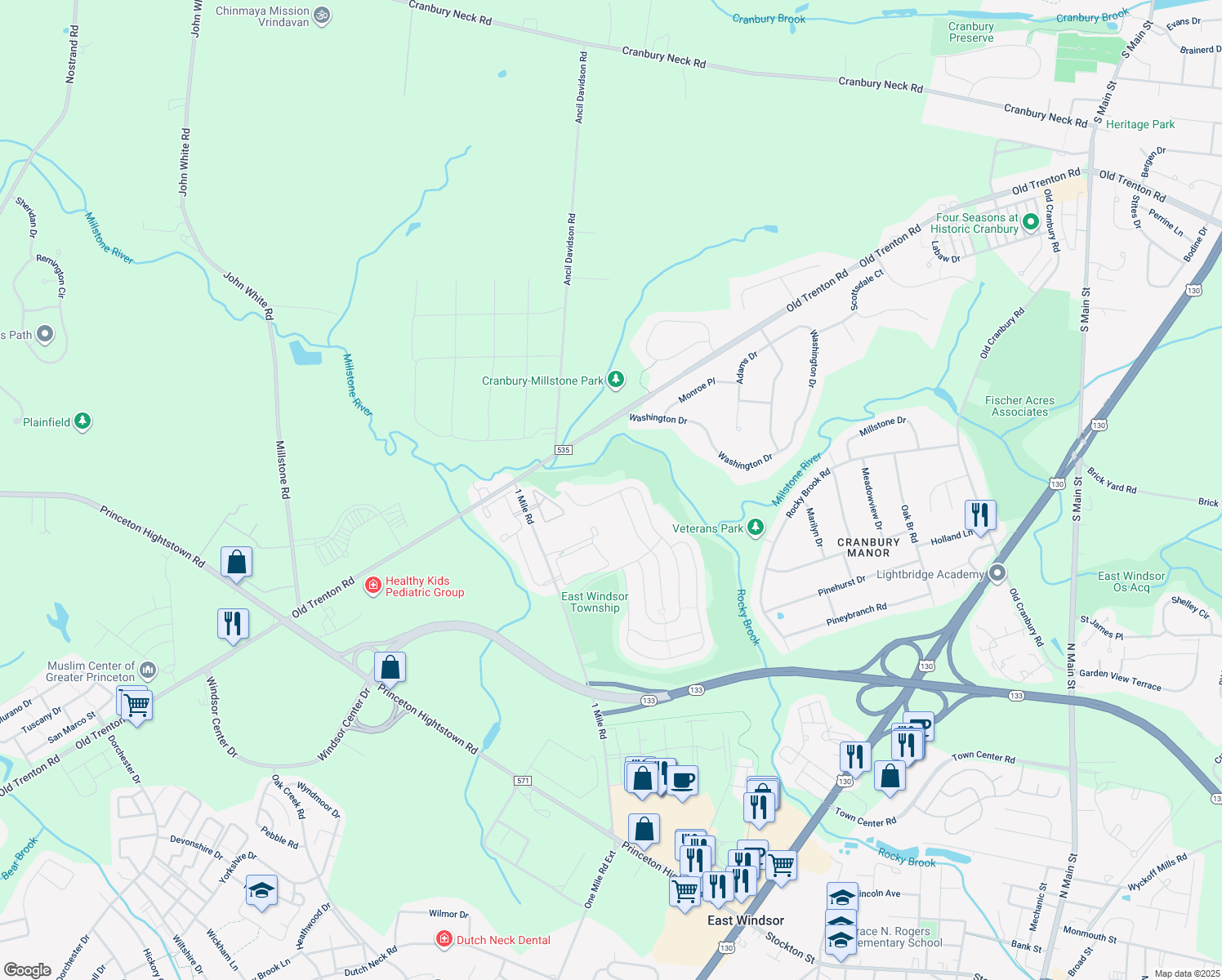 map of restaurants, bars, coffee shops, grocery stores, and more near 160 Einstein Way in East Windsor
