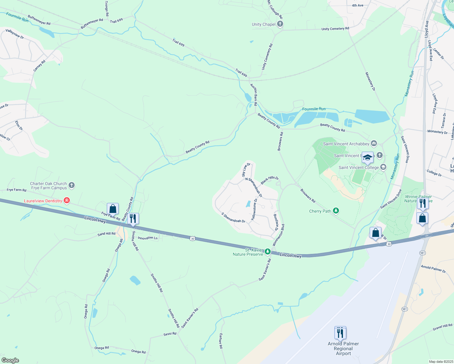 map of restaurants, bars, coffee shops, grocery stores, and more near 371 South Shenandoah Drive in Latrobe