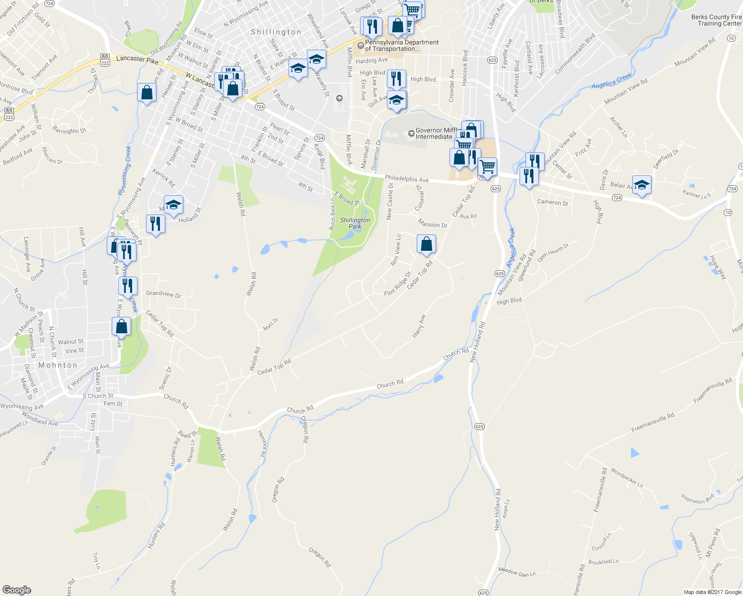 map of restaurants, bars, coffee shops, grocery stores, and more near 51 Flint Ridge Drive in Reading