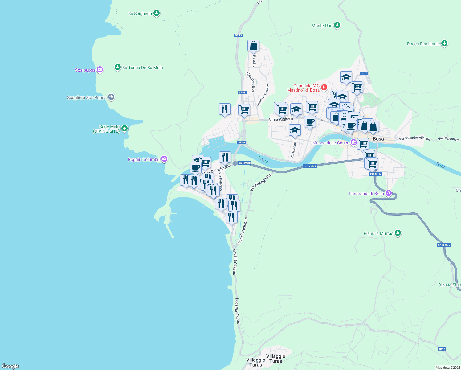 map of restaurants, bars, coffee shops, grocery stores, and more near 6 Via P. Nenni in Bosa