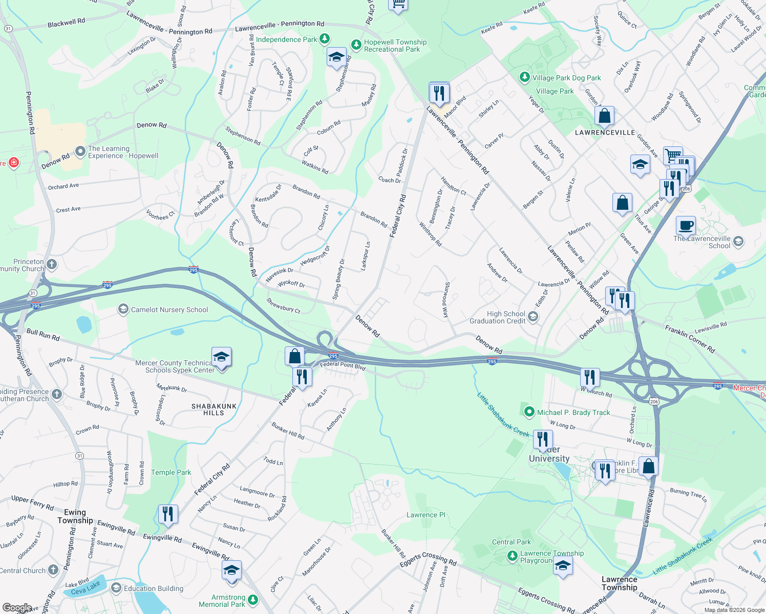 map of restaurants, bars, coffee shops, grocery stores, and more near 26 Schindler Court in Lawrence Township