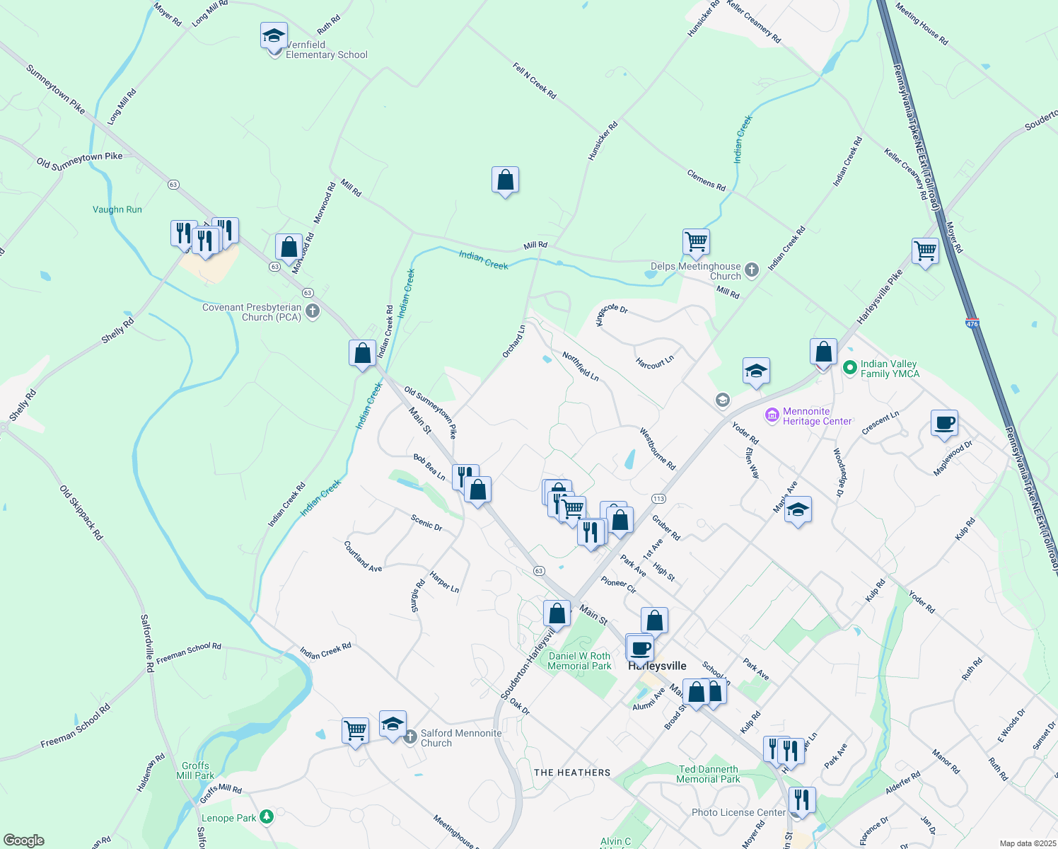 map of restaurants, bars, coffee shops, grocery stores, and more near 721 Bellingham Lane in Harleysville