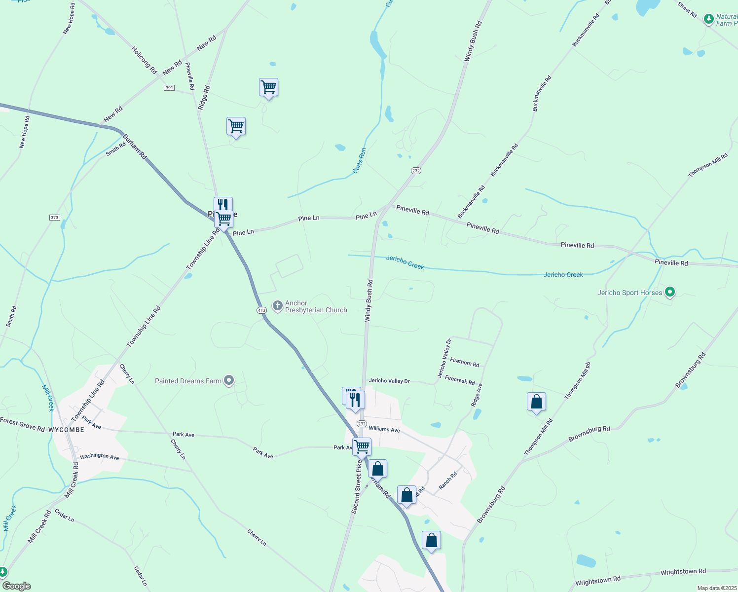 map of restaurants, bars, coffee shops, grocery stores, and more near 2726 Windy Bush Road in Newtown