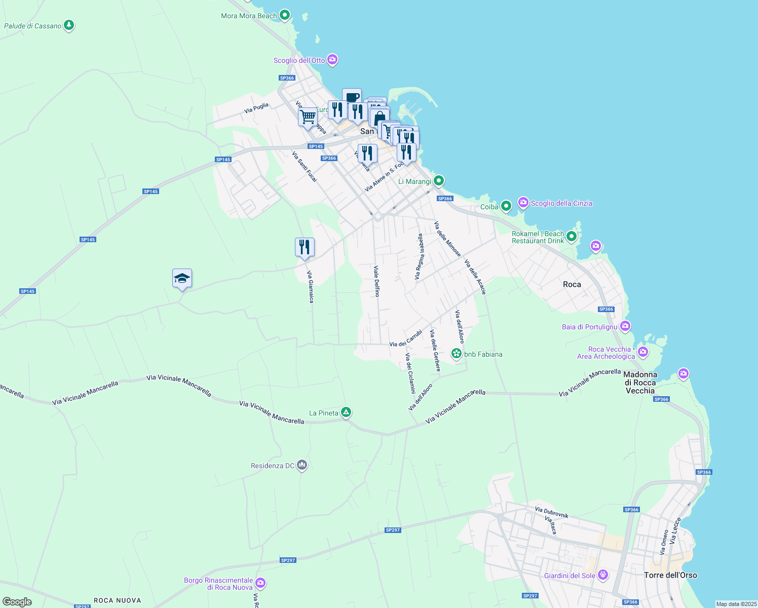 map of restaurants, bars, coffee shops, grocery stores, and more near 57 Viale Delfino in San Foca