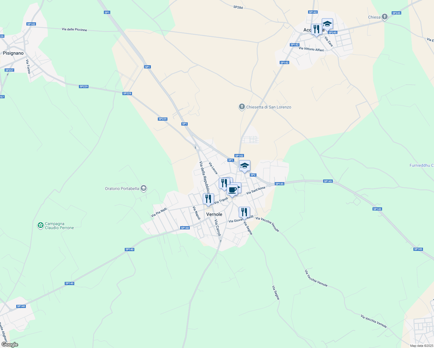 map of restaurants, bars, coffee shops, grocery stores, and more near 96 Via Lecce in Vernole