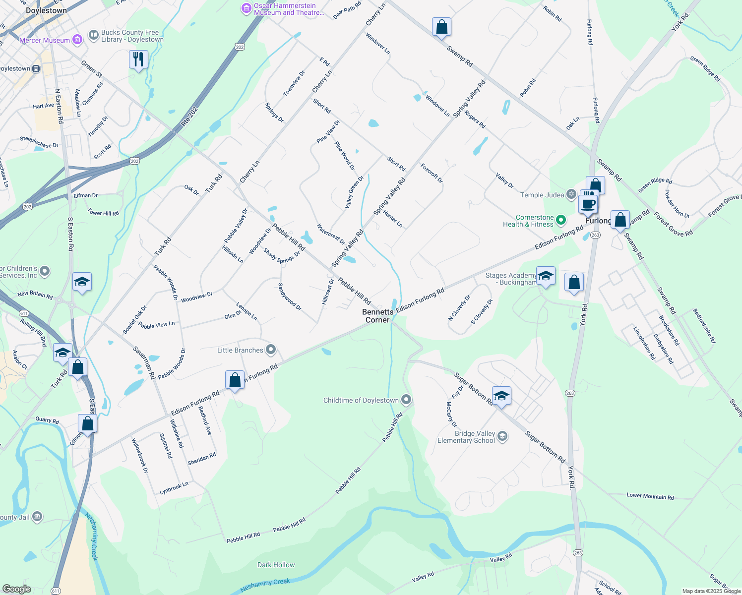 map of restaurants, bars, coffee shops, grocery stores, and more near 17 Stringer Drive in Doylestown