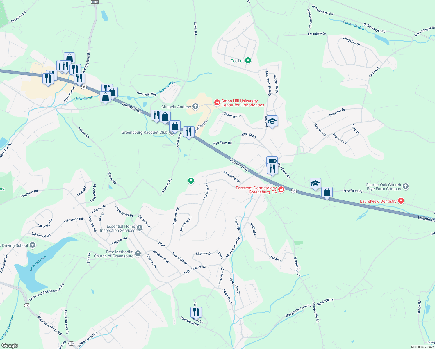 map of restaurants, bars, coffee shops, grocery stores, and more near 3023 Trail 916 in Greensburg