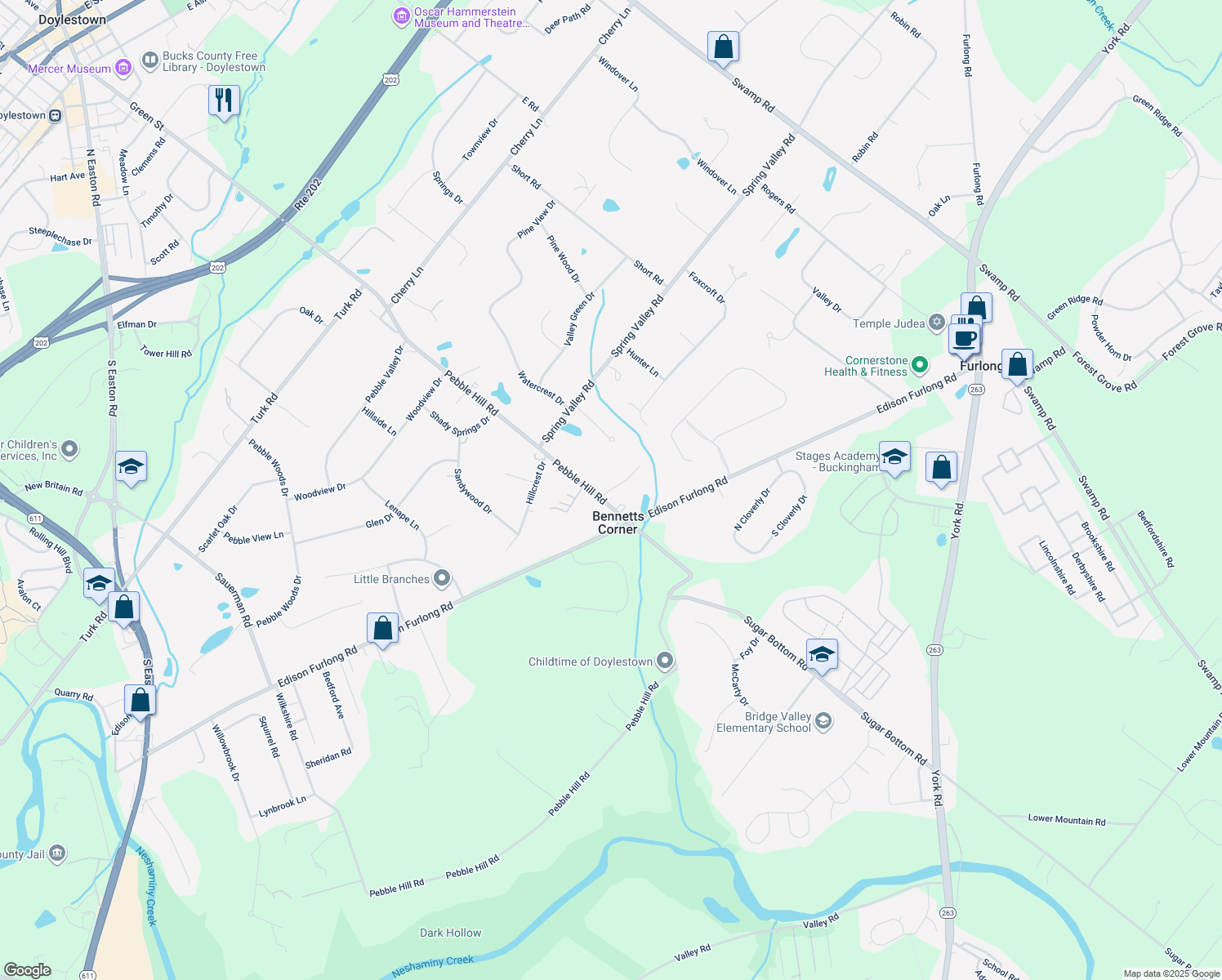 map of restaurants, bars, coffee shops, grocery stores, and more near 26 Stringer Dr in Doylestown