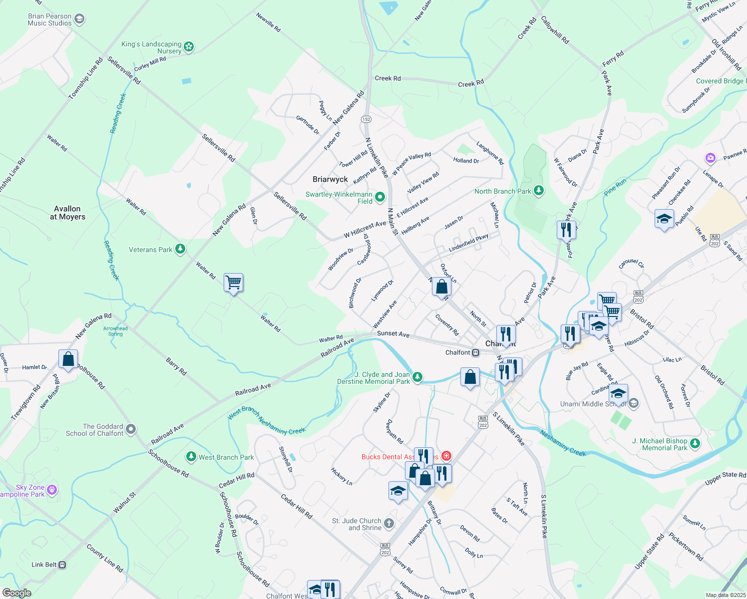 map of restaurants, bars, coffee shops, grocery stores, and more near 75 Lynwood Dr in Chalfont