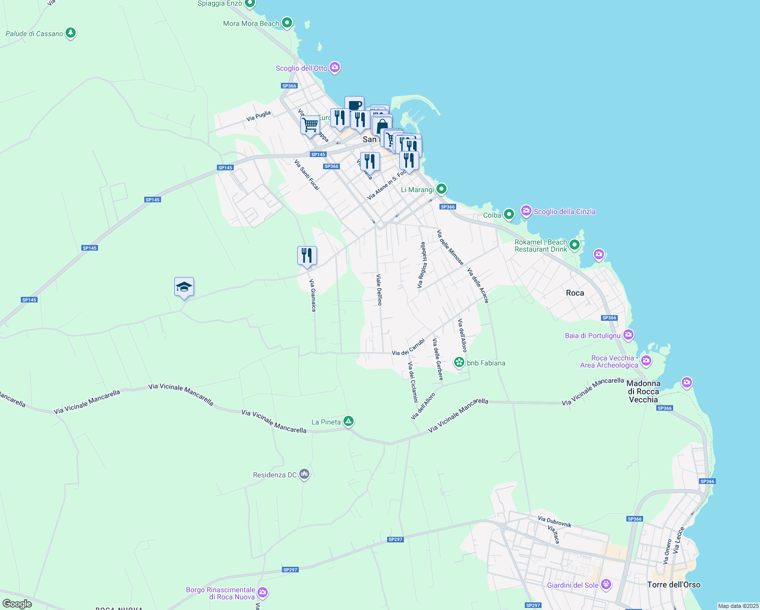 map of restaurants, bars, coffee shops, grocery stores, and more near 57 Viale Delfino in San Foca