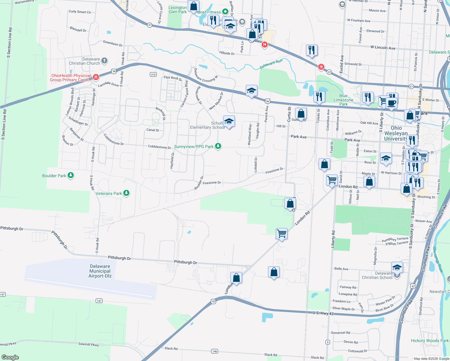 map of restaurants, bars, coffee shops, grocery stores, and more near 218 Firestone Drive in Delaware